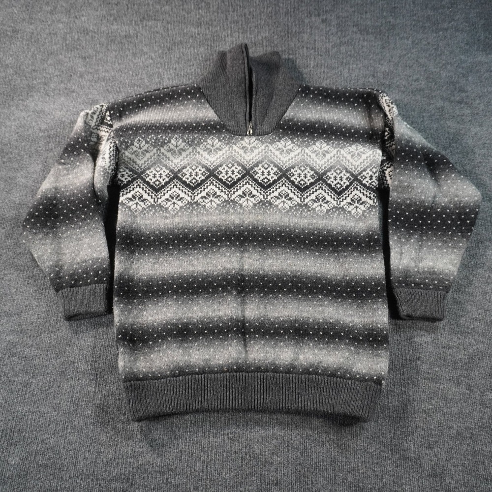 Nordic Fair Isle Quarter Zip Sweater Mens XL Gray Gradient Pullover Wool Comfy
